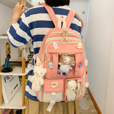 Preppy Backpack, Kawaii Backpack with Kawaii Pin And Accessories for Girls School Cute Aesthetic Backpack