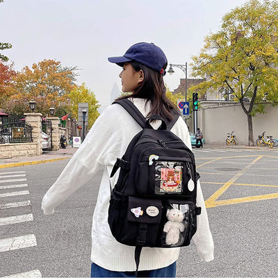 Preppy Backpack, Kawaii Backpack with Kawaii Pin And Accessories for Girls School Cute Aesthetic Backpack