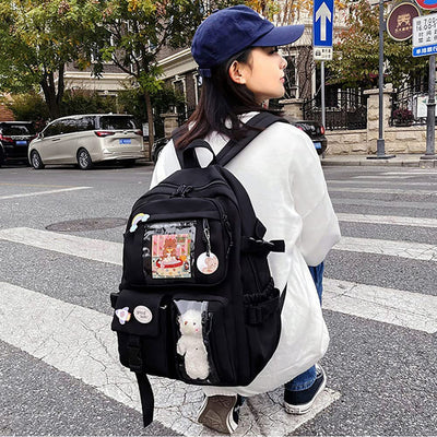 Preppy Backpack, Kawaii Backpack with Kawaii Pin And Accessories for Girls School Cute Aesthetic Backpack