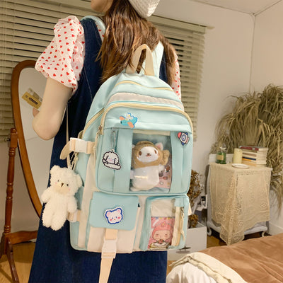 Preppy Backpack, Kawaii Backpack with Kawaii Pin And Accessories for Girls School Cute Aesthetic Backpack