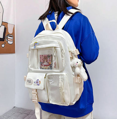 Preppy Backpack, Kawaii Backpack with Kawaii Pin And Accessories for Girls School Cute Aesthetic Backpack