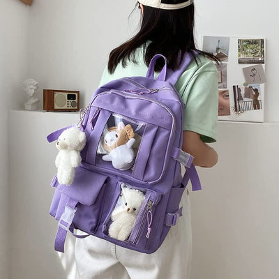 Preppy Backpack, Kawaii Backpack with Kawaii Pin And Accessories for Girls School Cute Aesthetic Backpack